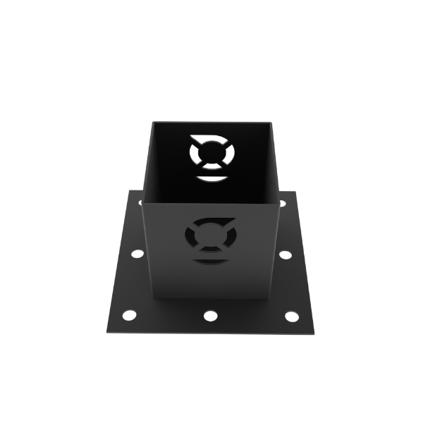 Black pergola bracket with a logo on a white background